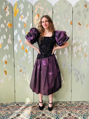 1980s Purple Velvet & Taffeta Prom/Party Dress, Floral Sparkle Bodice, S-M