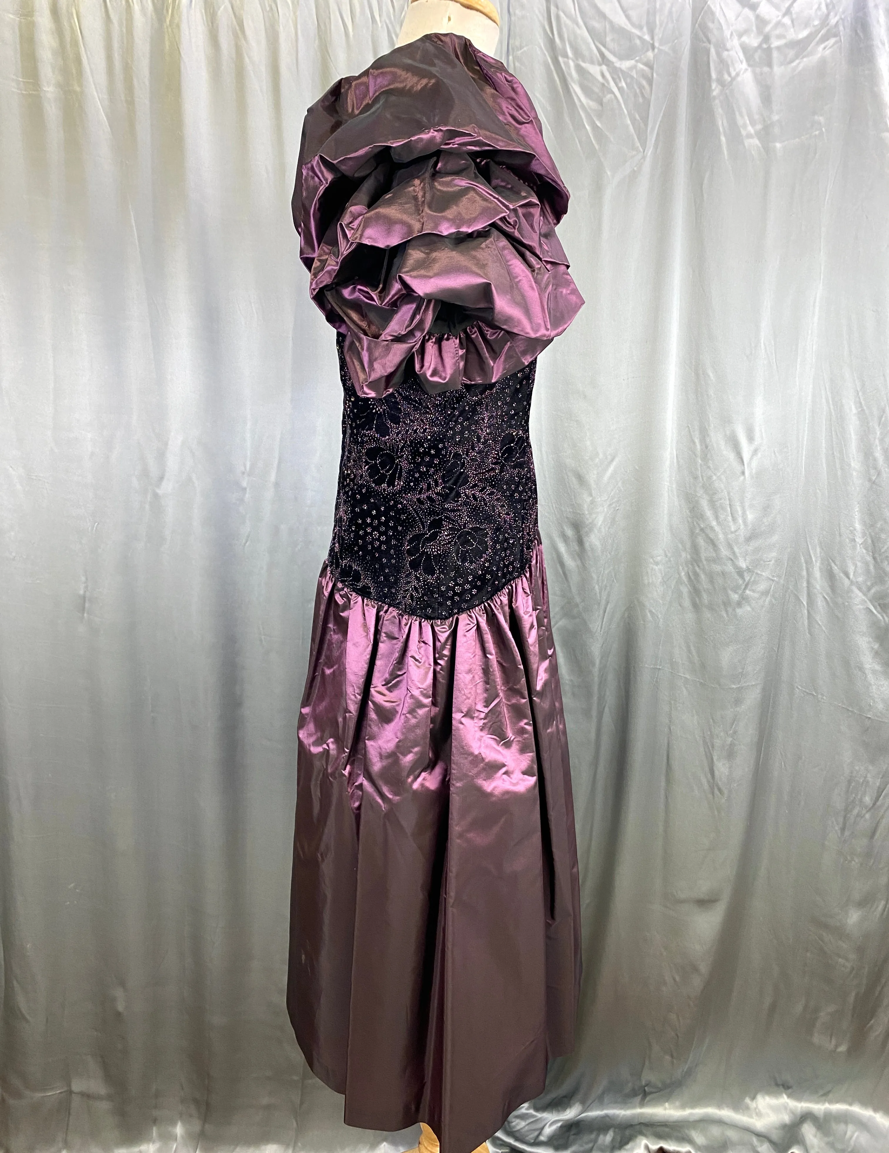 1980s Purple Velvet & Taffeta Prom/Party Dress, Floral Sparkle Bodice, S-M