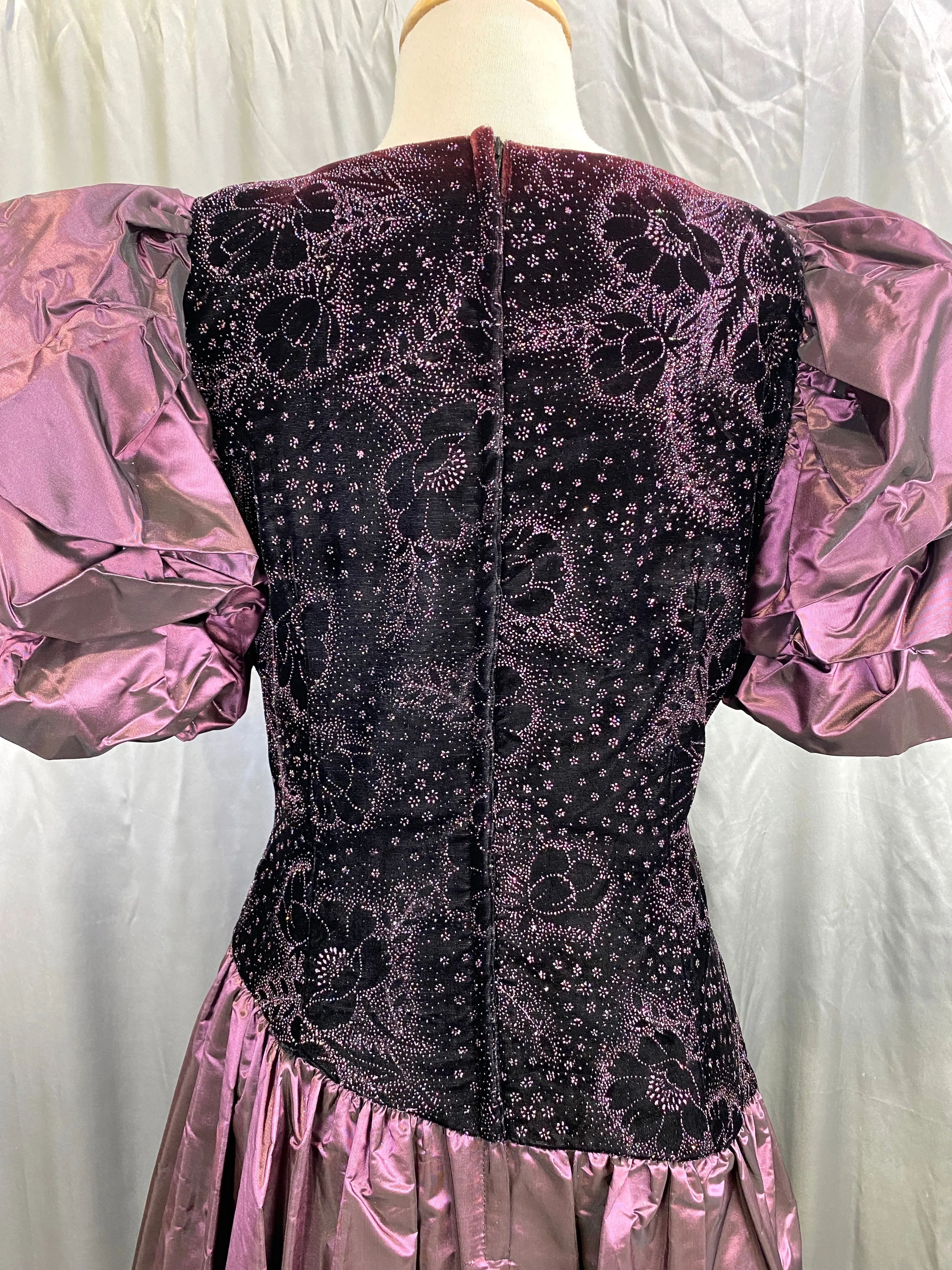 1980s Purple Velvet & Taffeta Prom/Party Dress, Floral Sparkle Bodice, S-M