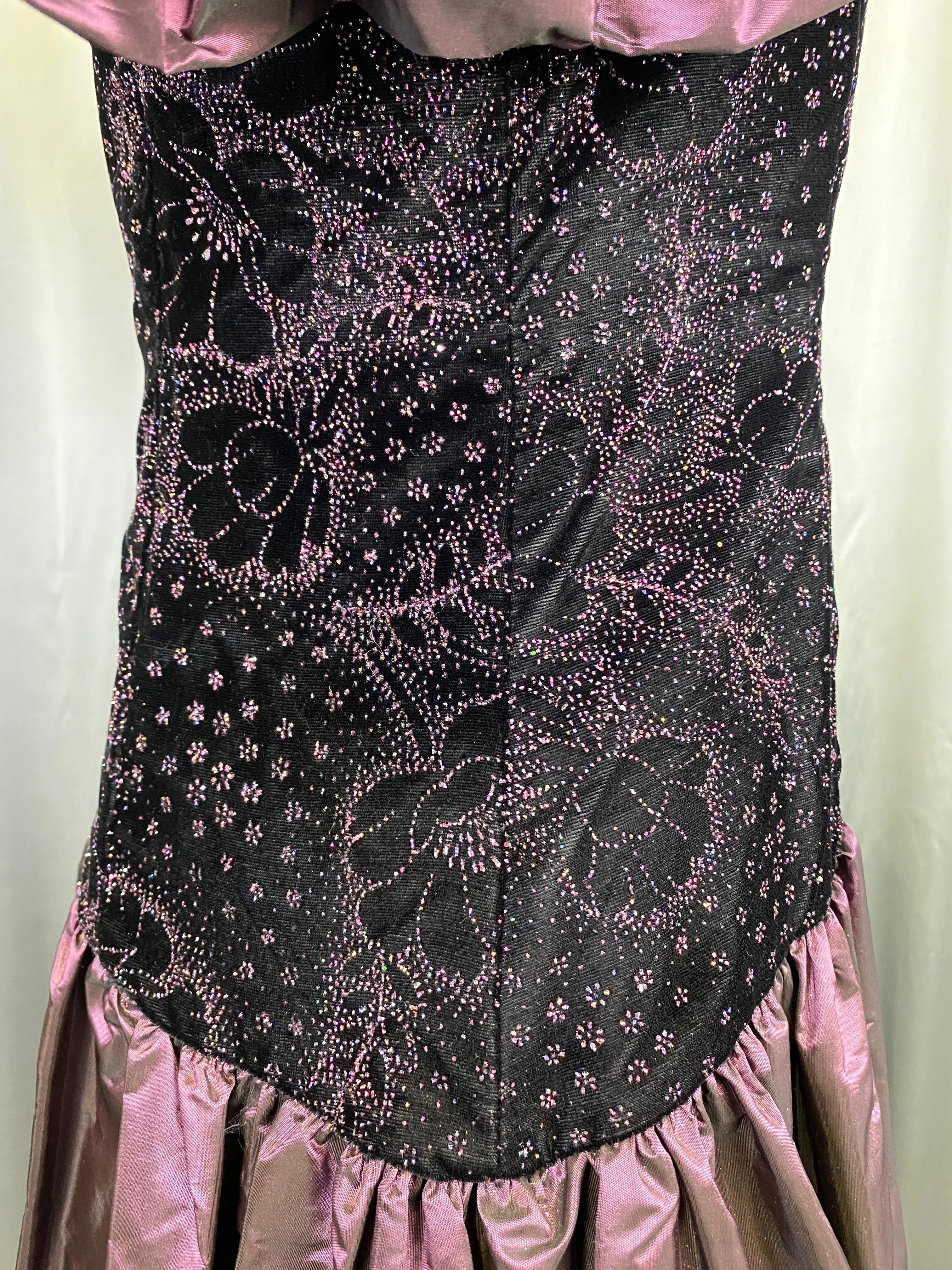 1980s Purple Velvet & Taffeta Prom/Party Dress, Floral Sparkle Bodice, S-M