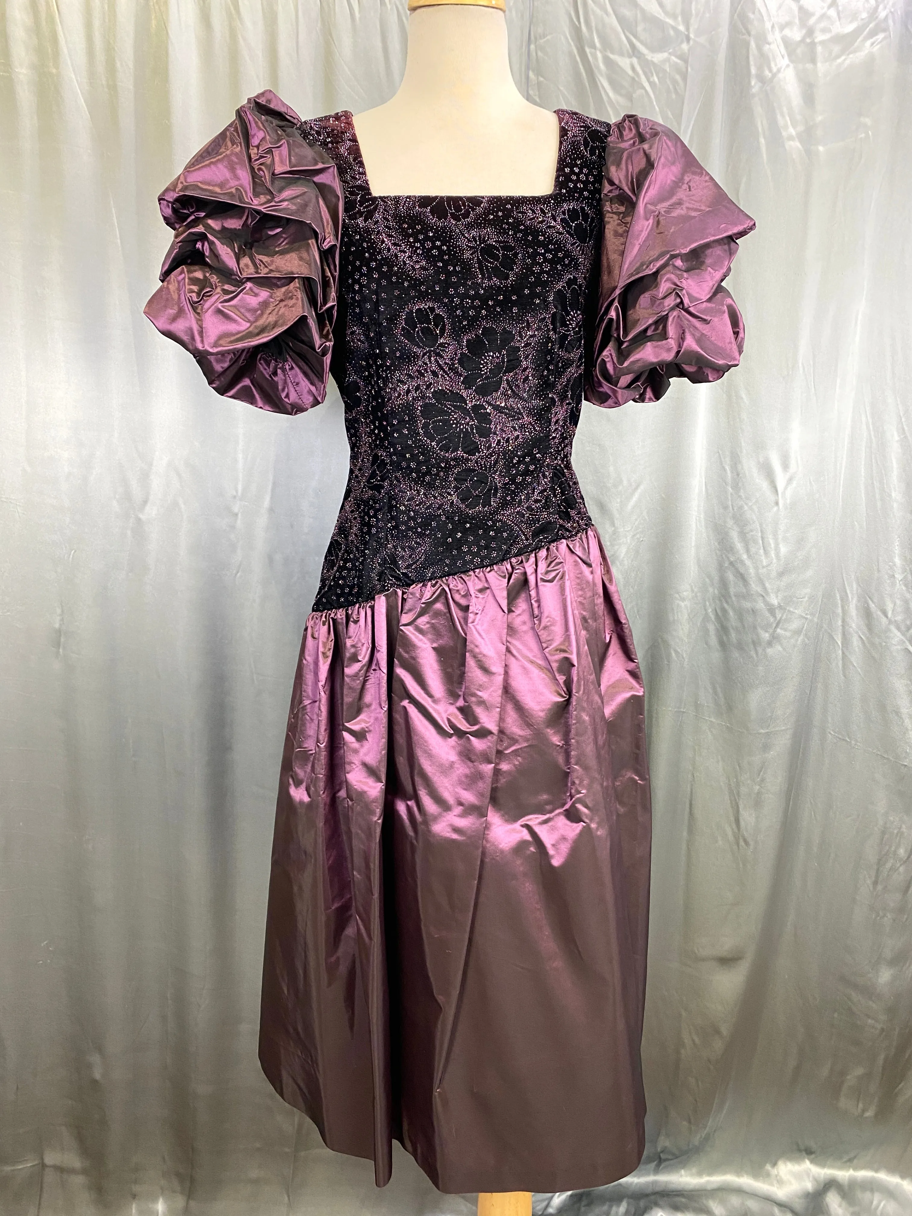 1980s Purple Velvet & Taffeta Prom/Party Dress, Floral Sparkle Bodice, S-M