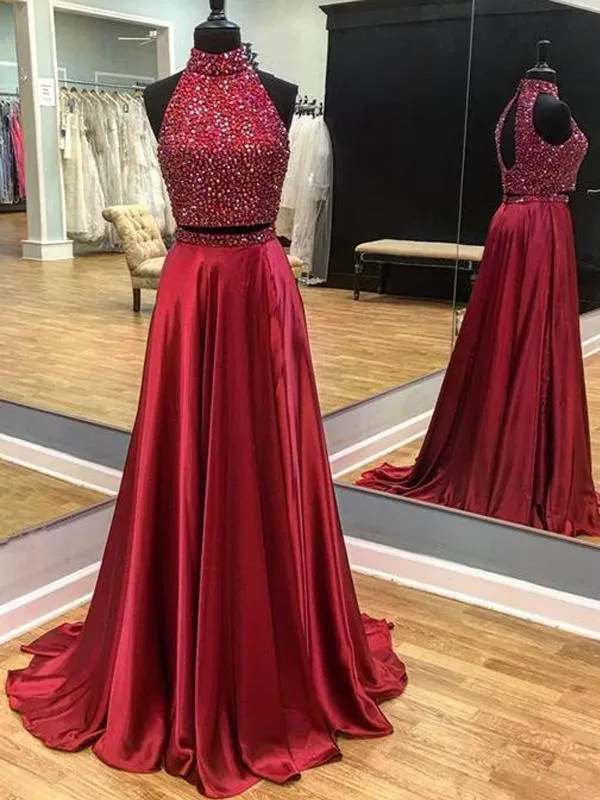 2 Pieces Prom Dresses, High Neck Prom Dresses, Rhinestone Prom Dresses, Long Prom Dresses, BG0394