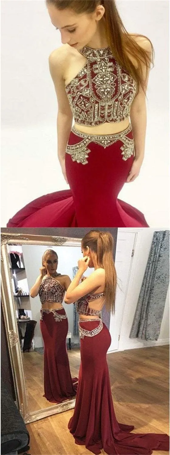 2 Pieces Prom Dresses, Rhinestone Beaded Prom Dresses, Long Prom Dresses, bg0397