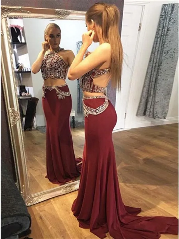 2 Pieces Prom Dresses, Rhinestone Beaded Prom Dresses, Long Prom Dresses, bg0397