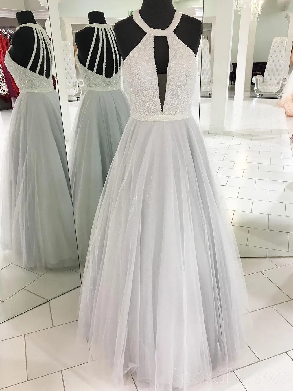 2018 Cheap Elegant Fashion Sexy Halter Tulle Beaded A line Custom Grey Long Evening Prom Dresses, 17359