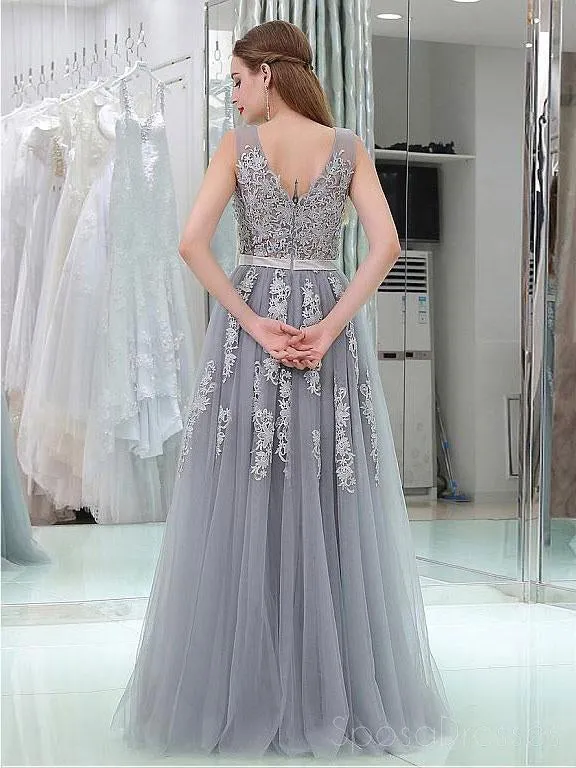 2018 Gray Lace V Neckline Tulle Long Evening Prom Dresses, Popular Cheap Long 2018 Party Prom Dresses, 17265