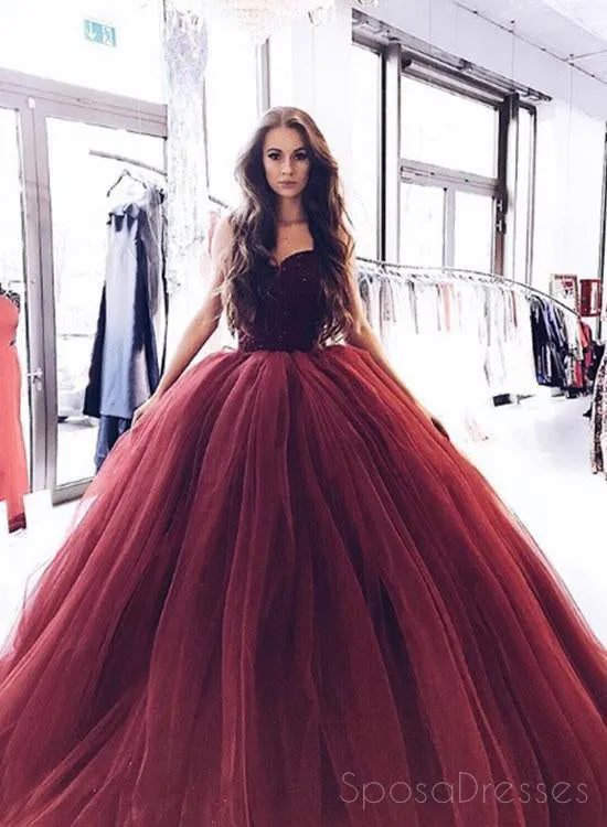 2018 Maroon Strapless Ball Gown Beaded Long Custom Evening Prom Dresses, 17453