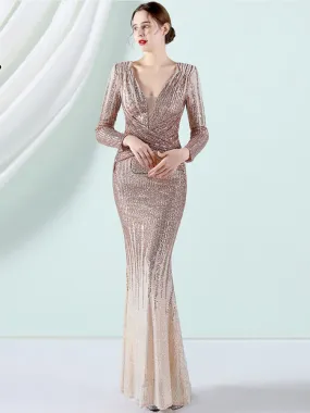 2022 Formal Party Dress Elegant Full Sleeves Sequin Evening Dress Long Mermaid Dress