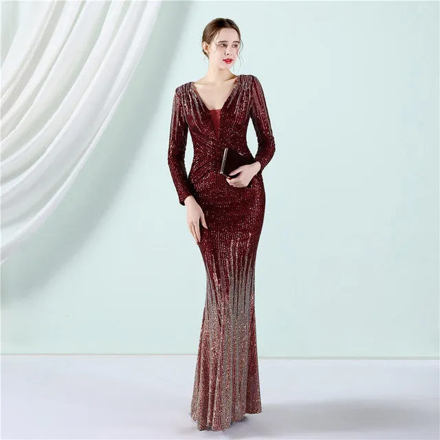 2022 Formal Party Dress Elegant Full Sleeves Sequin Evening Dress Long Mermaid Dress