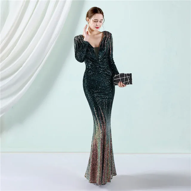 2022 Formal Party Dress Elegant Full Sleeves Sequin Evening Dress Long Mermaid Dress