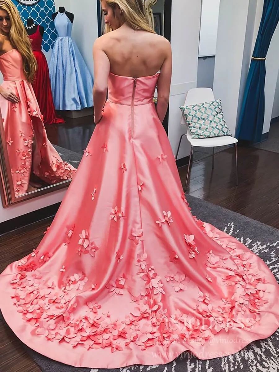 3D Floral Strapless Coral Satin Long Prom Dresses with Pockets FD1266