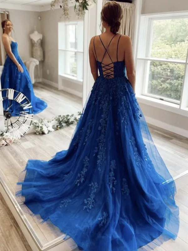 A Line Backless Blue Lace Long Prom Dresses, Blue Lace Formal Dresses, Blue Evening Dresses