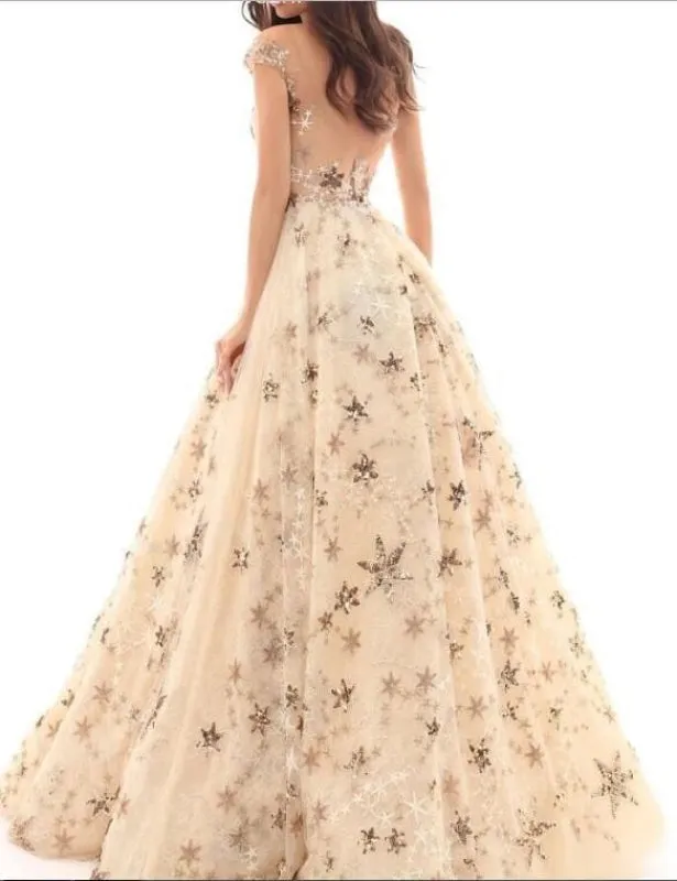 A Line Cap Sleeve Long Lace Dresses With Gold Stars Sheer Neck Prom Gown