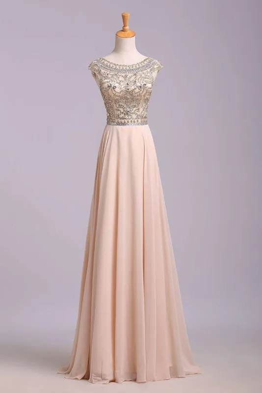 A Line Floor Length Scoop Chiffon Prom Dress Beading Long Evening Dresses