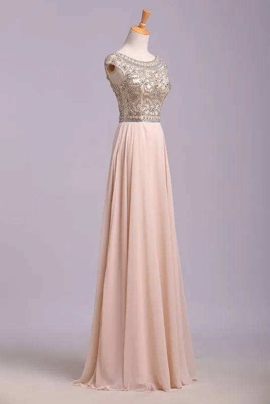 A Line Floor Length Scoop Chiffon Prom Dress Beading Long Evening Dresses