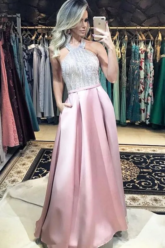 A Line Halter Backless Pink Prom with Pockets Long Formal Dresses