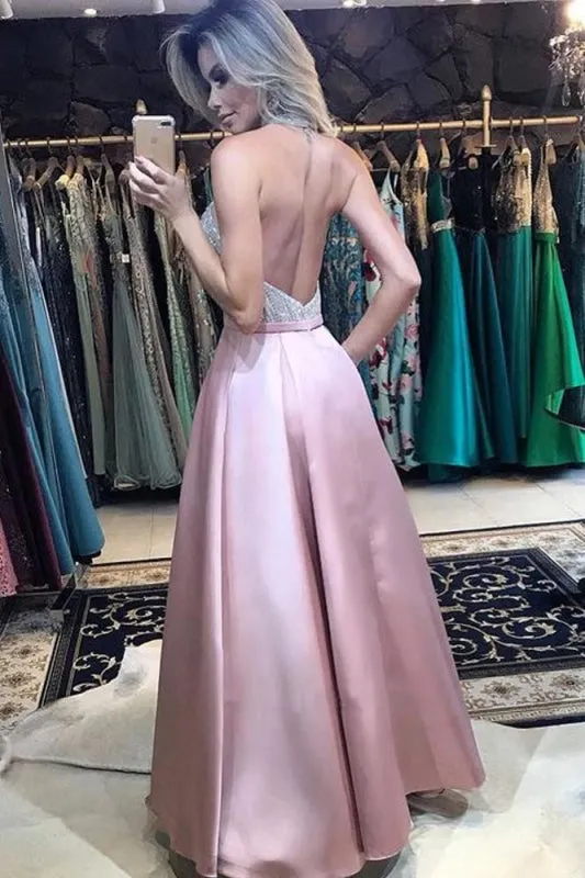 A Line Halter Backless Pink Prom with Pockets Long Formal Dresses