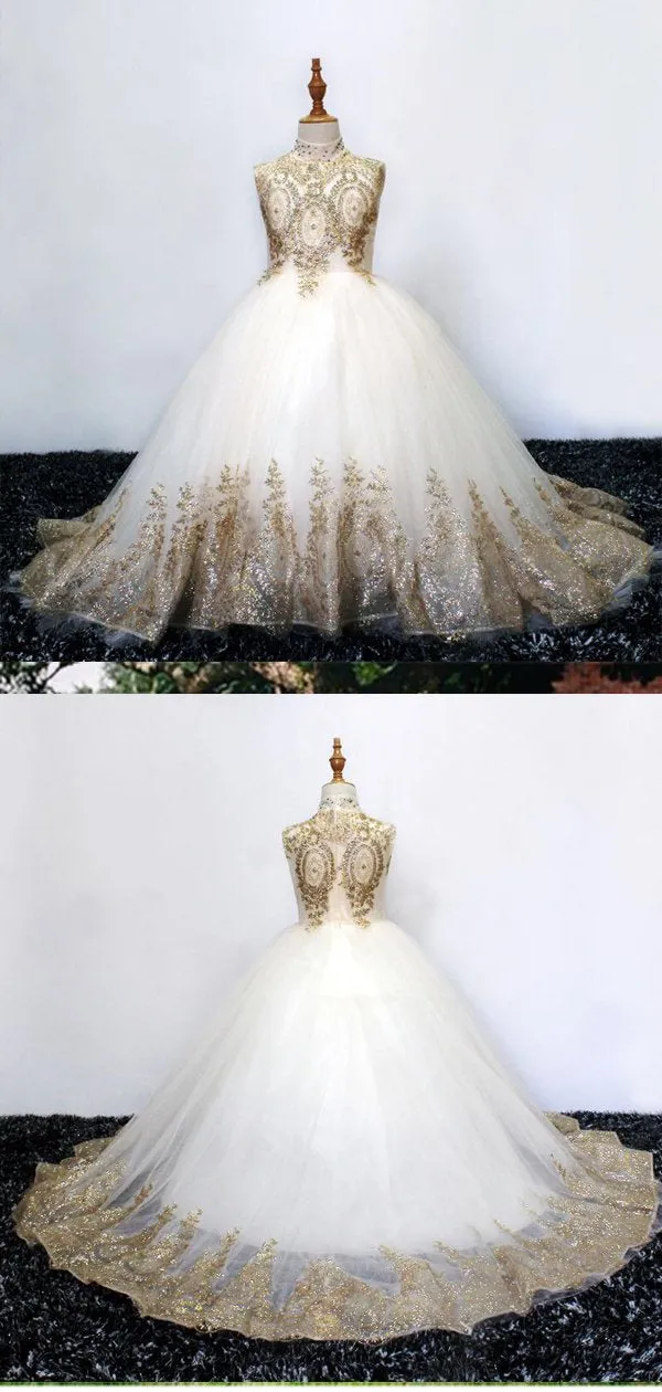 A-line High Neck Gold Lace Long Flower Girl Dresses,Cheap Flower Girl Dresses ,FGY0241