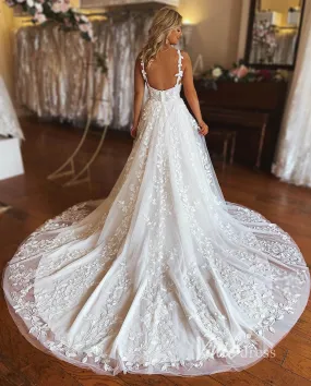 Elegant A-Line Wedding Dress with Leaf Lace Appliques and Long Train