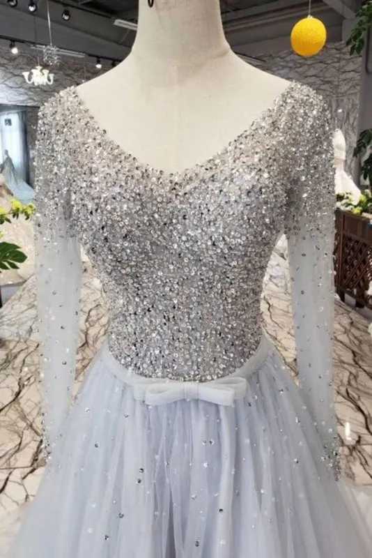 A Line Long Sleeves Tulle Prom Dress with Sequins Sparkly V Neck Evening Dresses