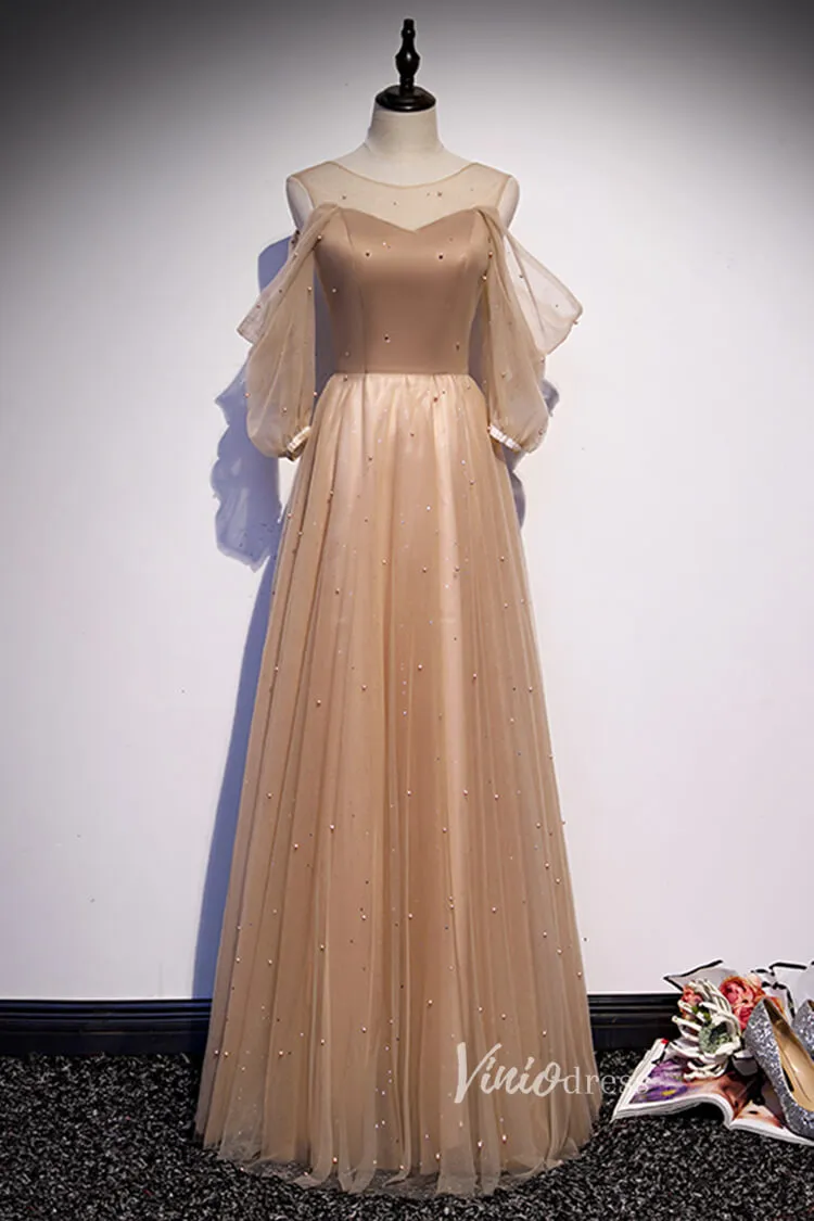 A-line Nude Brown Long Prom Dresses with Sleeves FD2635