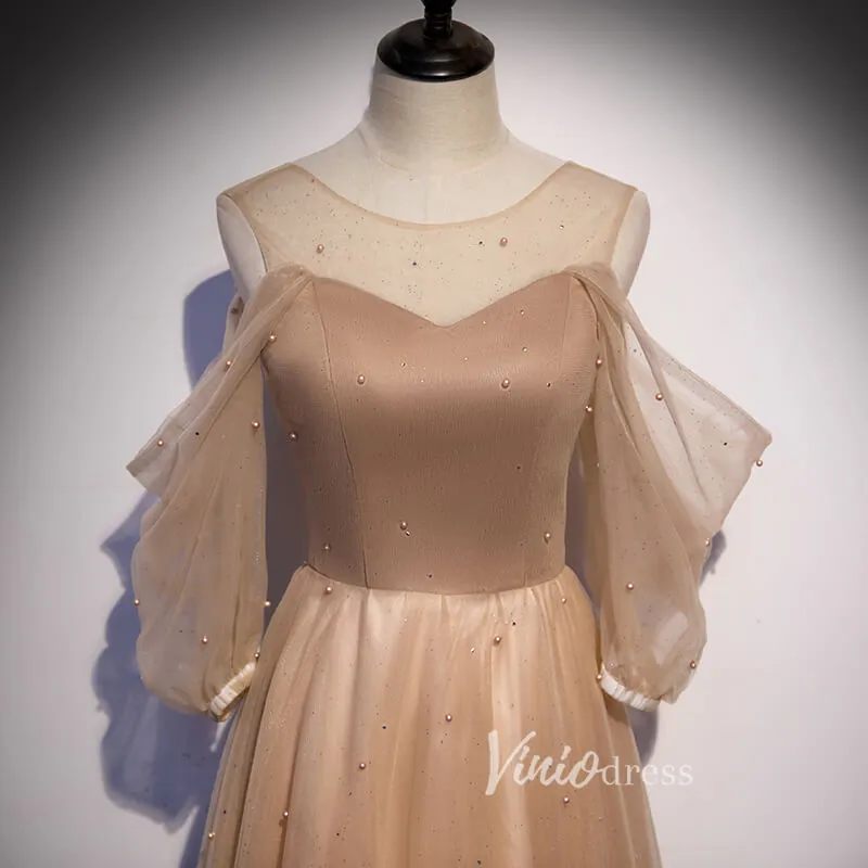 A-line Nude Brown Long Prom Dresses with Sleeves FD2635