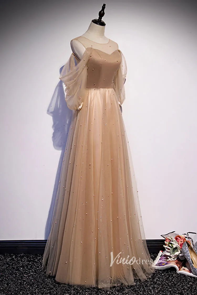 A-line Nude Brown Long Prom Dresses with Sleeves FD2635