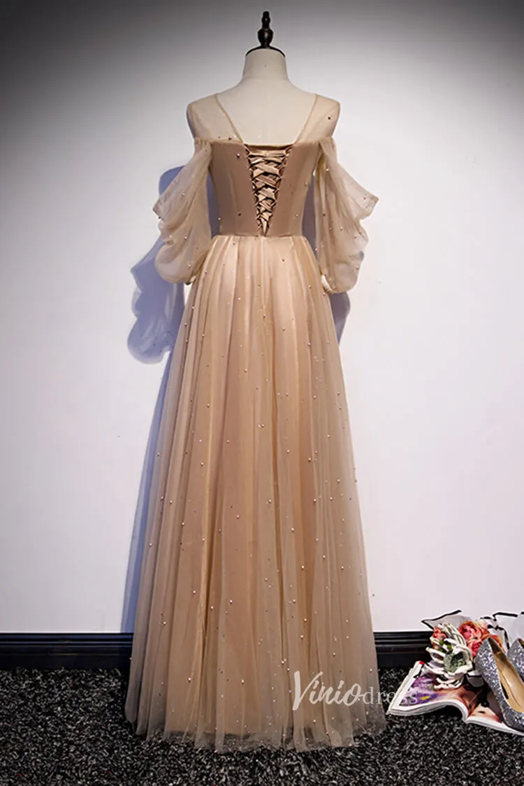 A-line Nude Brown Long Prom Dresses with Sleeves FD2635