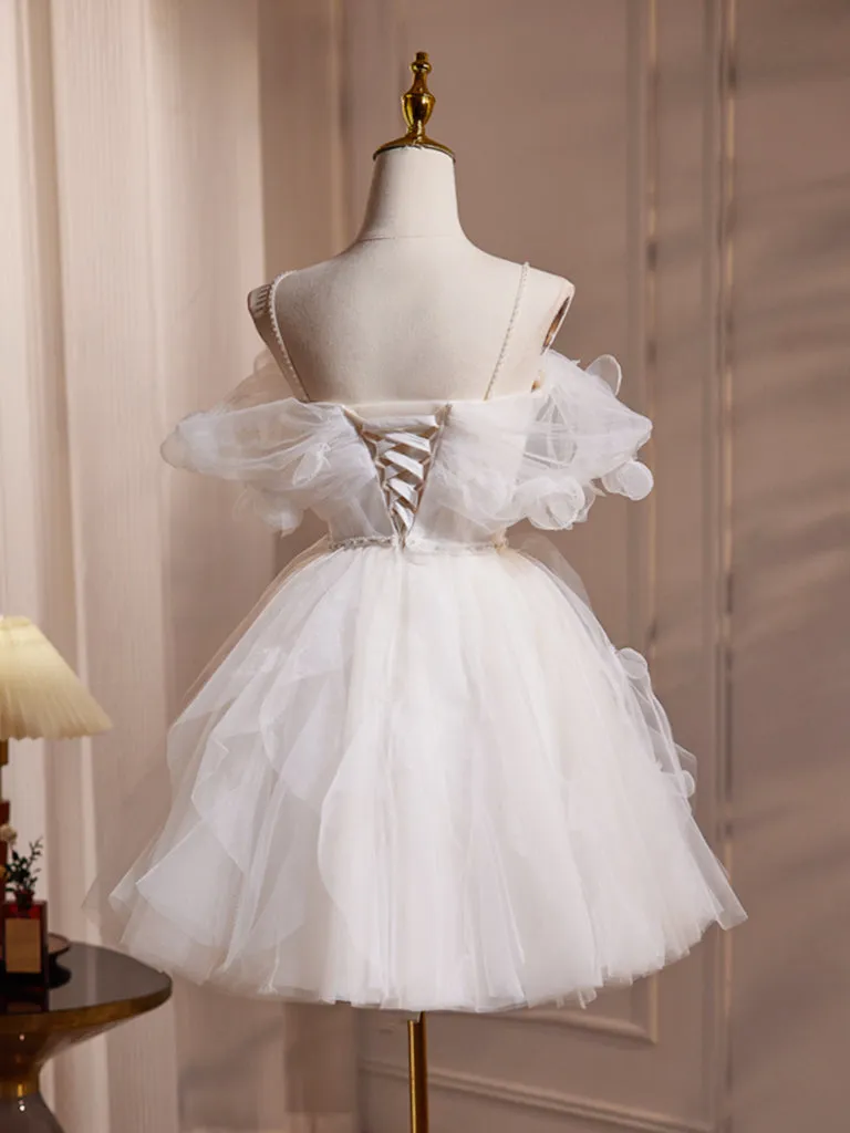 A-Line Off Shoulder Tulle White Short Prom Dress, Cute White Homecoming Dress