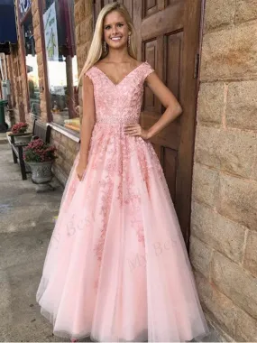 A-line Off-the-Shoulder Pink Tulle Evening Dresses,Cheap Prom Dresses,PDY0573