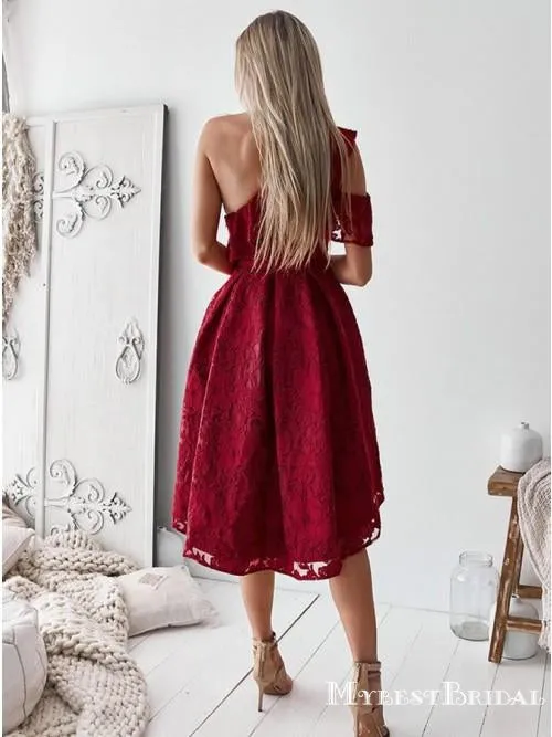 A-Line One-Shoulder High Low Burgundy Lace Homecoming Dresses with Ruffles, TYP0023