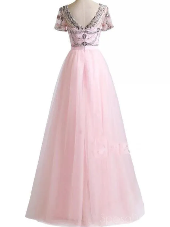 A-line Round Neck Short Sleeves Long Prom Dresses, Sweet 16 Prom Dresses, 12468