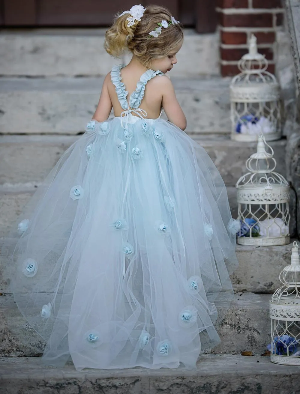 A-line Sky Blue Tulle Long Flower Girl Dresses,Cheap Flower Girl Dresses ,FGY0242