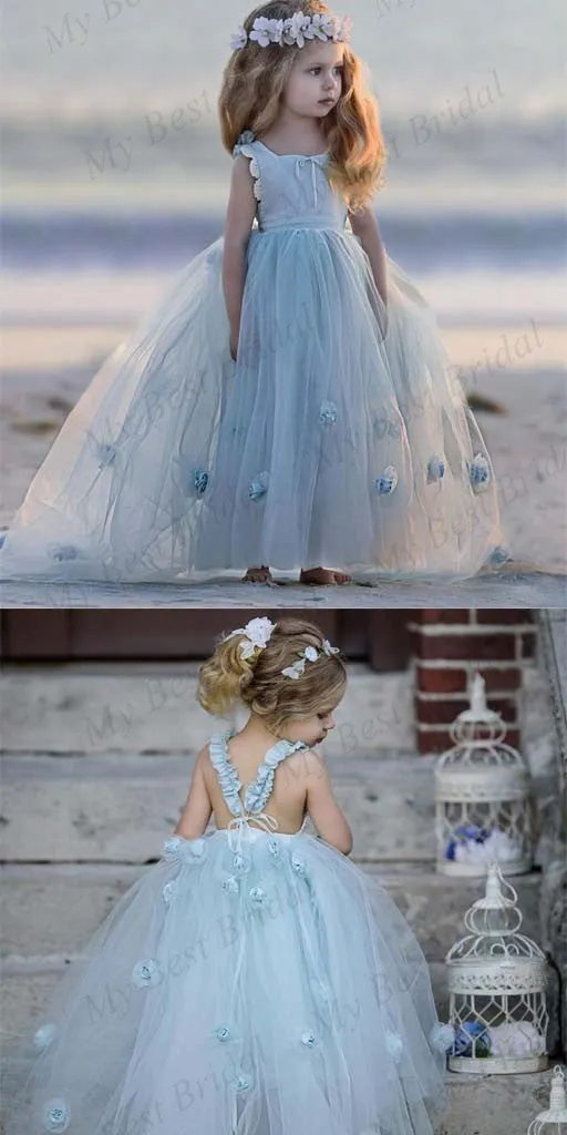 A-line Sky Blue Tulle Long Flower Girl Dresses,Cheap Flower Girl Dresses ,FGY0242