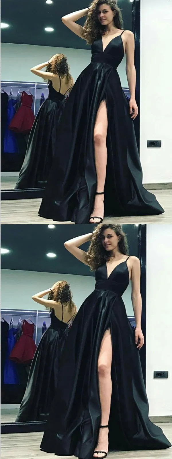 A-Line Spaghetti Straps Floor-Length Black Satin Prom Dress ,Cheap Prom Dresses,PDY0399