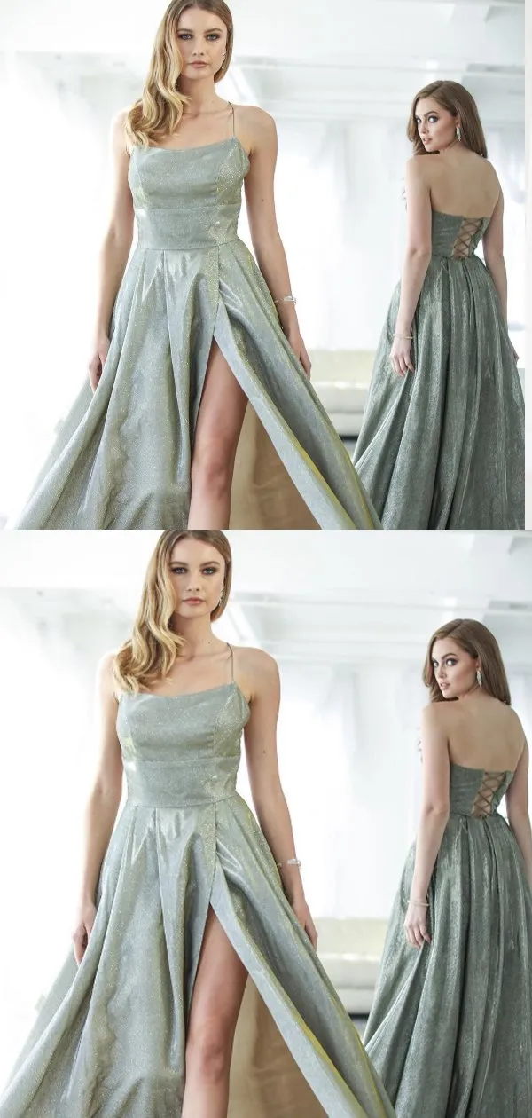 A-line Spaghetti Straps Green Satin Long Prom Dresses,Cheap Prom Dresses,PDY0511