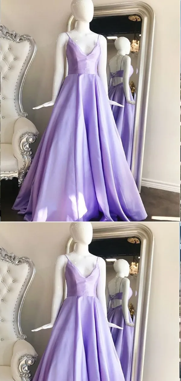 A-line Spaghetti Straps Purple Satin Long Prom Dresses,Cheap Prom Dresses,PDY0508