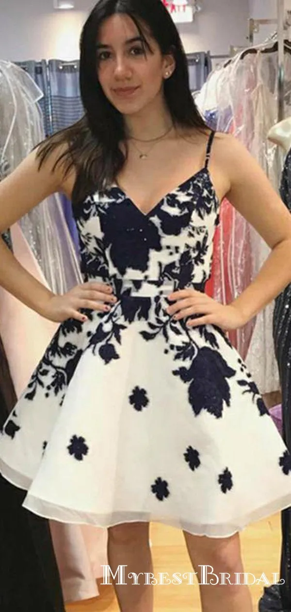 A-Line Spaghetti Straps Short Homecoming Dresses With Navy Appliques, TYP0053