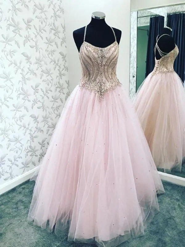 A-line Straps Beaded Pink Tulle Long Evening Prom Dresses,Cheap Prom Dresses,PDY0505