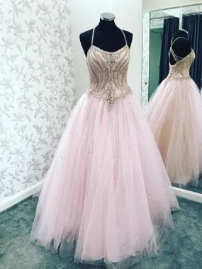 A-line Straps Beaded Pink Tulle Long Evening Prom Dresses,Cheap Prom Dresses,PDY0505