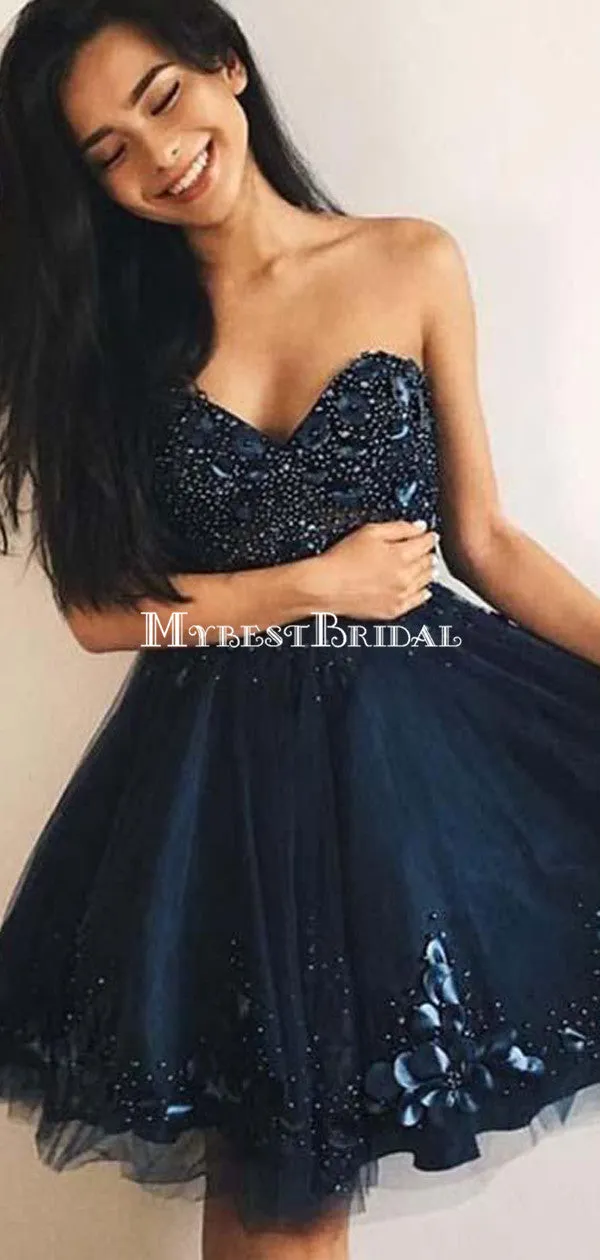 A-Line Sweetheart Navy Blue Tulle Homecoming Dress ,Short Prom Dresses,BDY0364