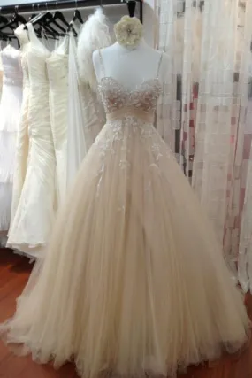 A Line Tulle Long Prom with Straps Sweetheart Lace Appliques Wedding Dress