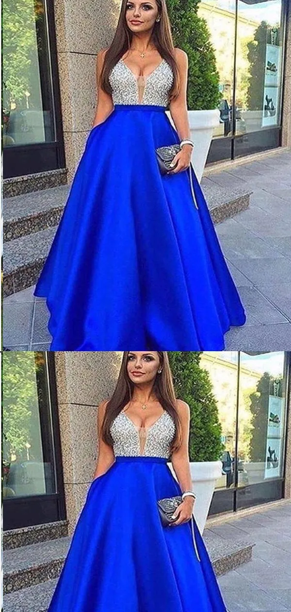 A-line V-neck Beaded Dark Blue Satin Prom Dresses,Cheap Prom Dresses,PDY0479