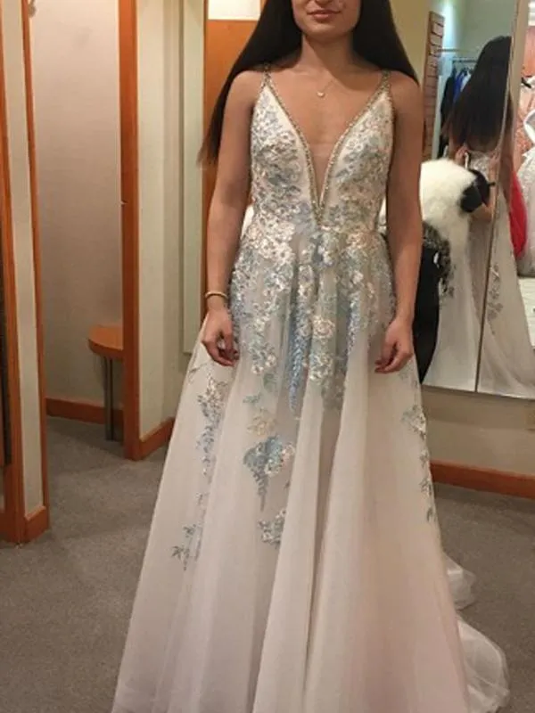 A-line V-neck Blue Lace Long Prom Dresses With Applique,Cheap Prom Dresses,PDY0516