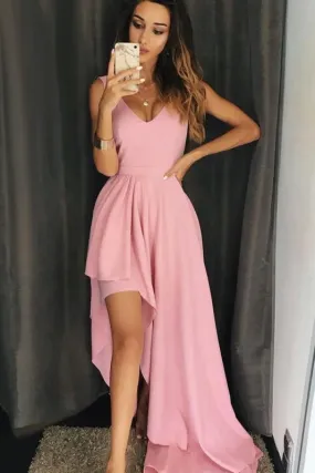 A Line V Neck High Low Pink Simple Long Prom Dresses Unique Chiffon Formal Dress