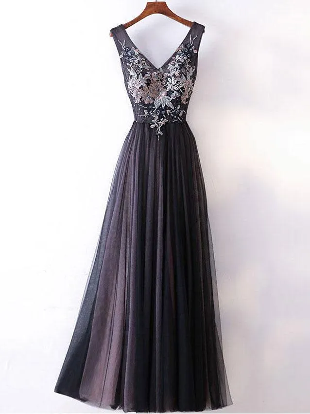 A-line V-neck Lace Appliqued Black Prom Dresses ,Cheap Prom Dresses,PDY0426