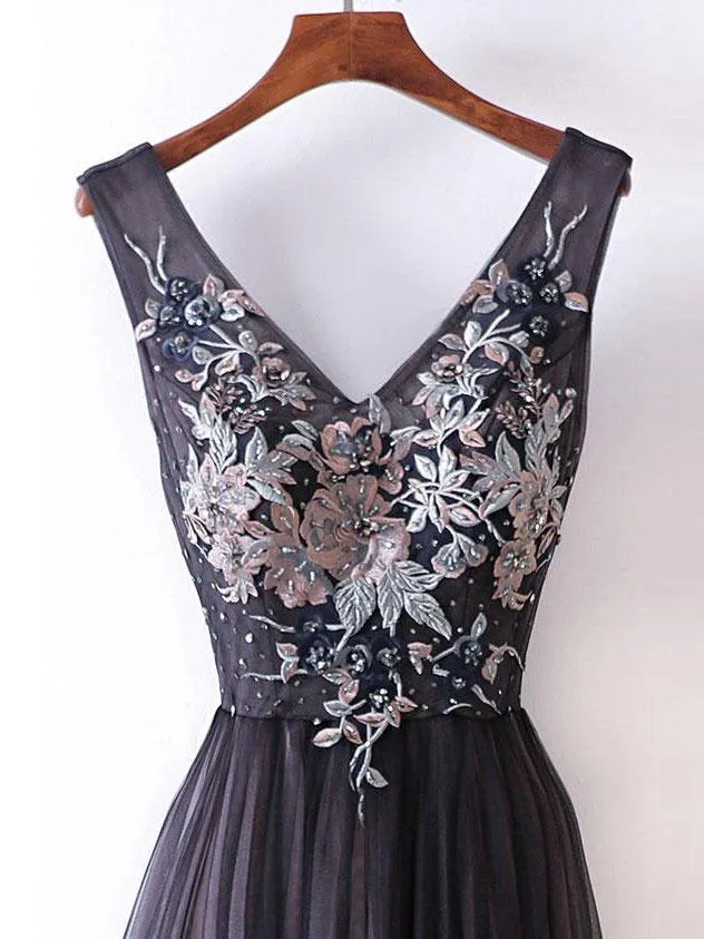 A-line V-neck Lace Appliqued Black Prom Dresses ,Cheap Prom Dresses,PDY0426