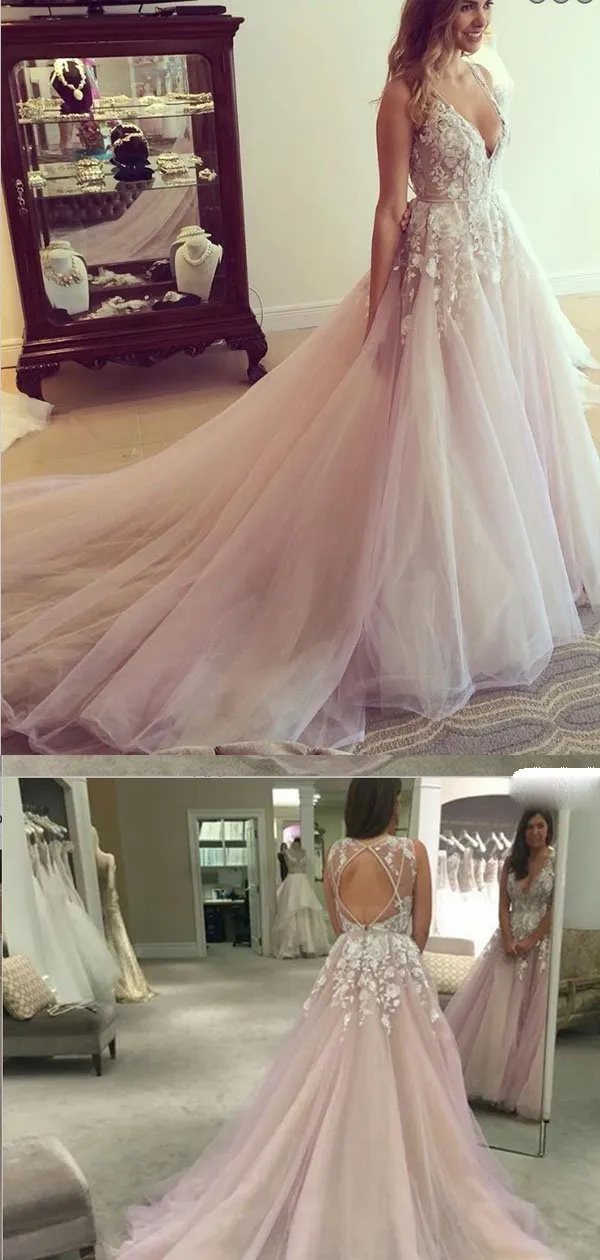 A-line V-neck Lavender Long Wedding Dress Dress ,Cheap Wedding Dresses, WDY0284