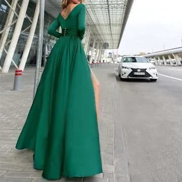 A-line V-neck Long Sleeves Dark Green Satin Prom Dress ,Cheap Prom Dresses,PDY0405