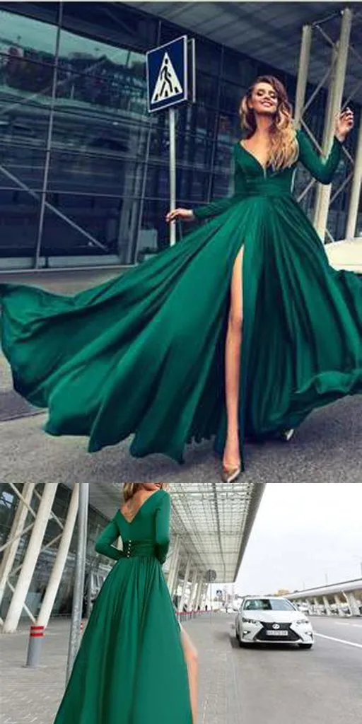 A-line V-neck Long Sleeves Dark Green Satin Prom Dress ,Cheap Prom Dresses,PDY0405